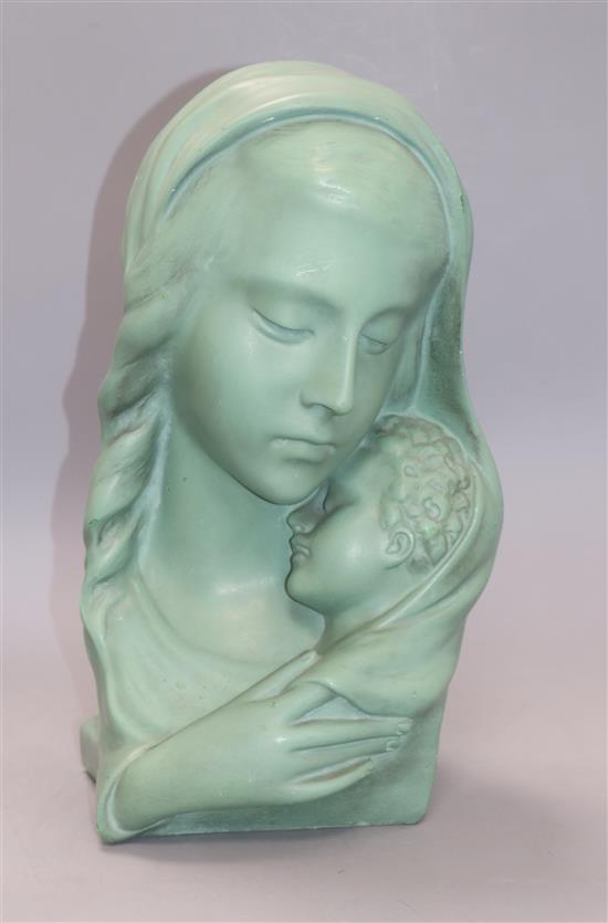 A green painted plaster model of Madonna and child height 33cm